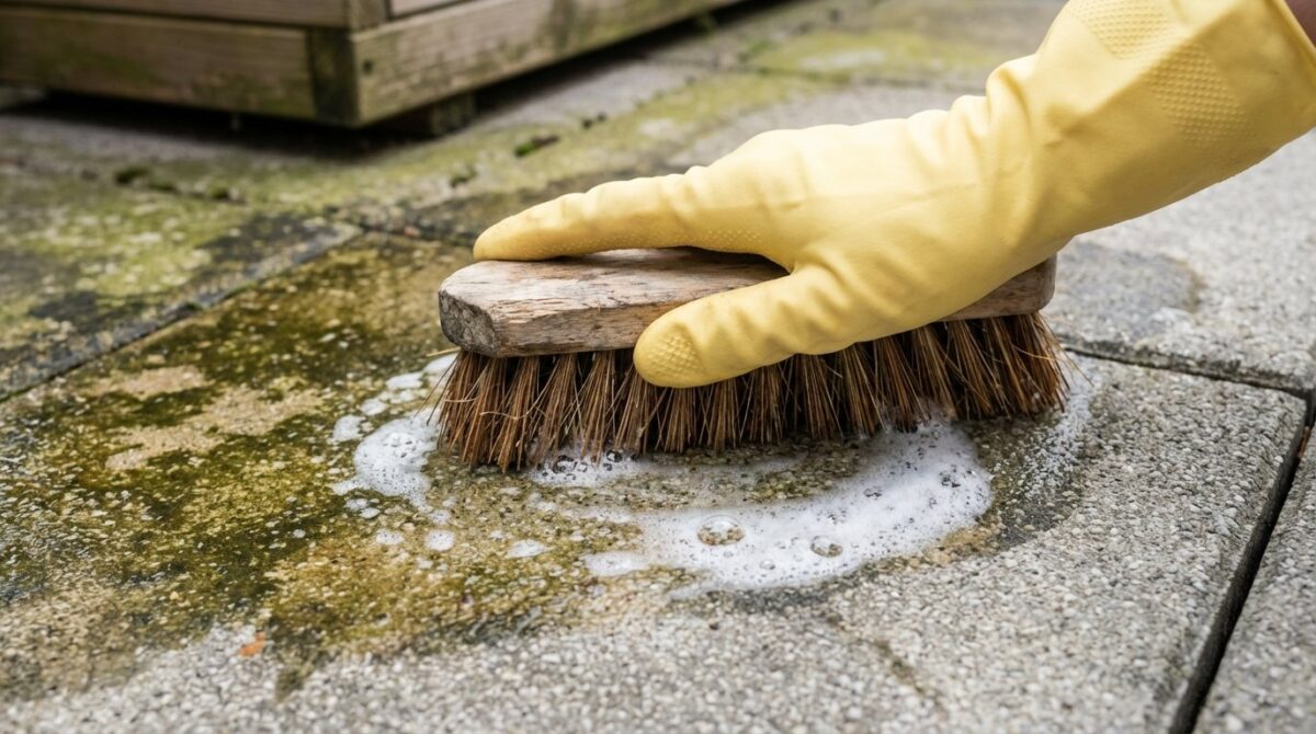 erfahren Sie, wie Sie grüne Flecken auf der Terrasse mit einer günstigen Küchenzutat dauerhaft entfernen und Ihre Steine schonen