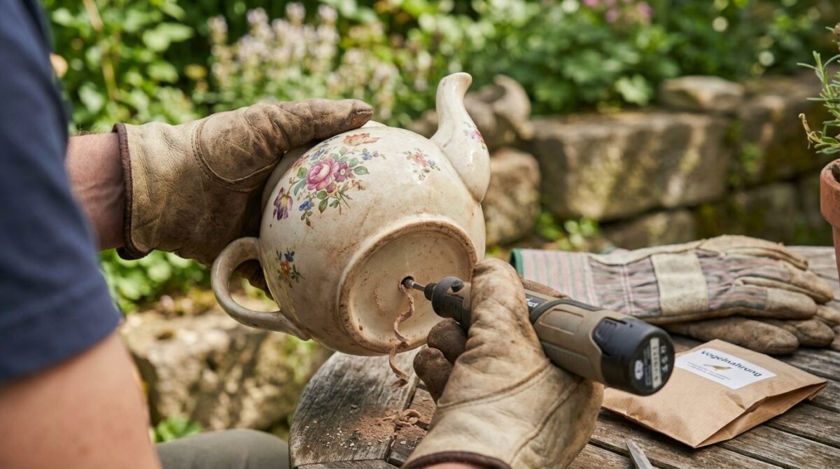 entdecken Sie, wie eine alte Teekanne zum perfekten Vogelhaus wird und Gartenvögel im Frühling einen idealen Nistkasten bietet