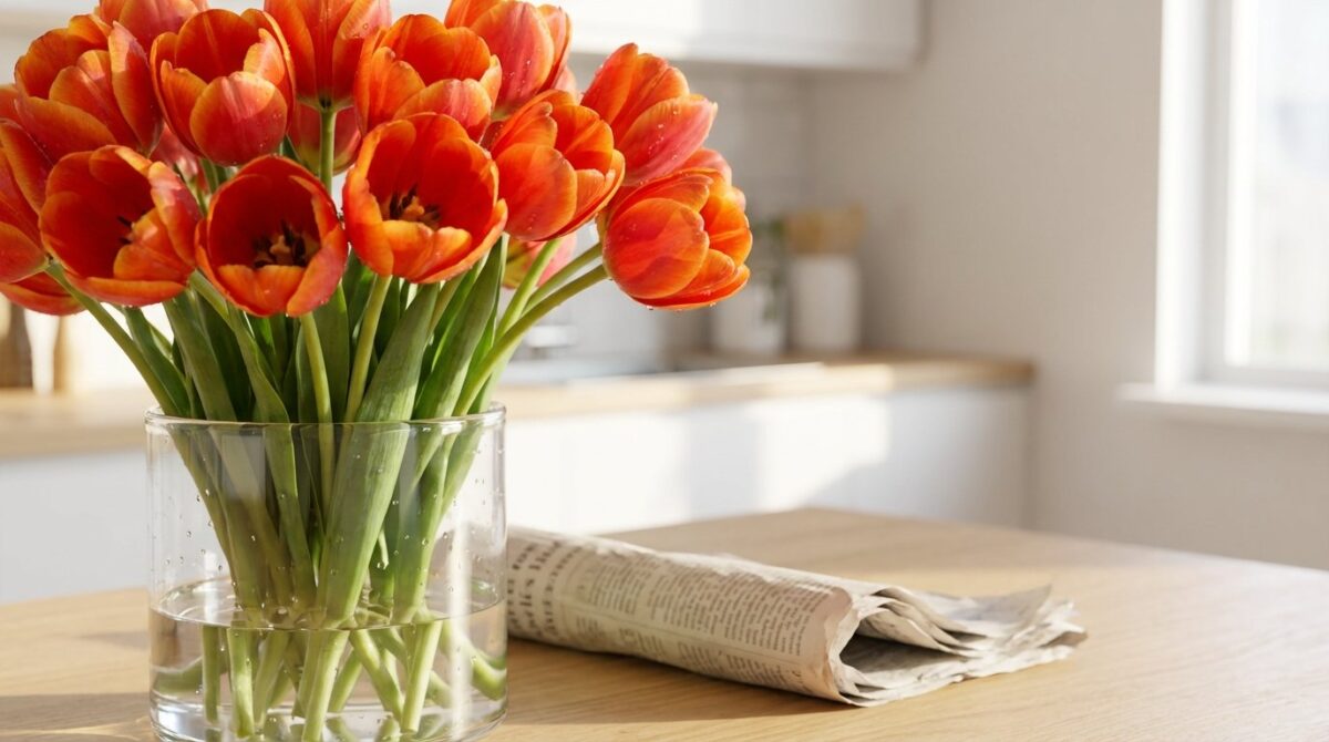 erfahren Sie, wie Sie welkende Tulpen mit dem Zeitungspapier-Trick innerhalb weniger Stunden wieder aufrecht machen und länger frisch halten