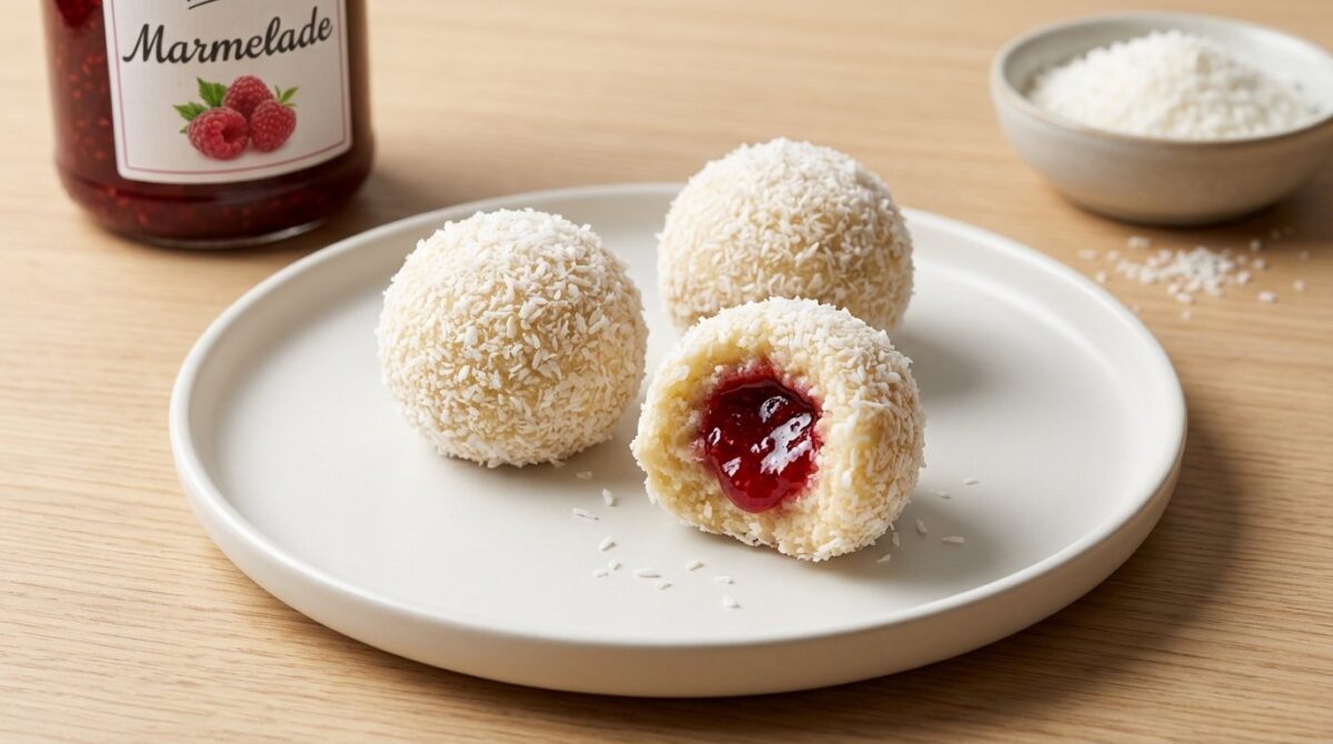 entdecken Sie diese schnellen Kokosbällchen mit Marmelade ohne Backen - ein köstlicher Lieblingskuchen in nur 10 Minuten zubereitet