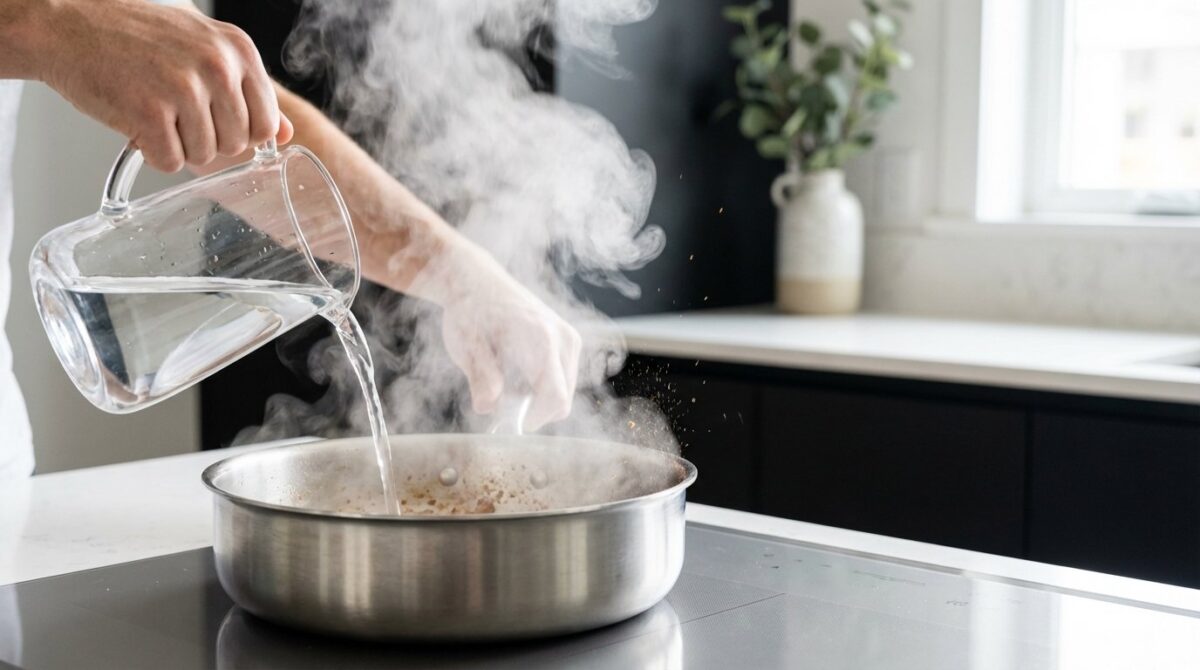 entdecken Sie den Profi-Trick zum Reinigen von Edelstahlpfannen ohne Kratzer: Ein einfacher thermischer Schock löst hartnäckige Rückstände mühelos