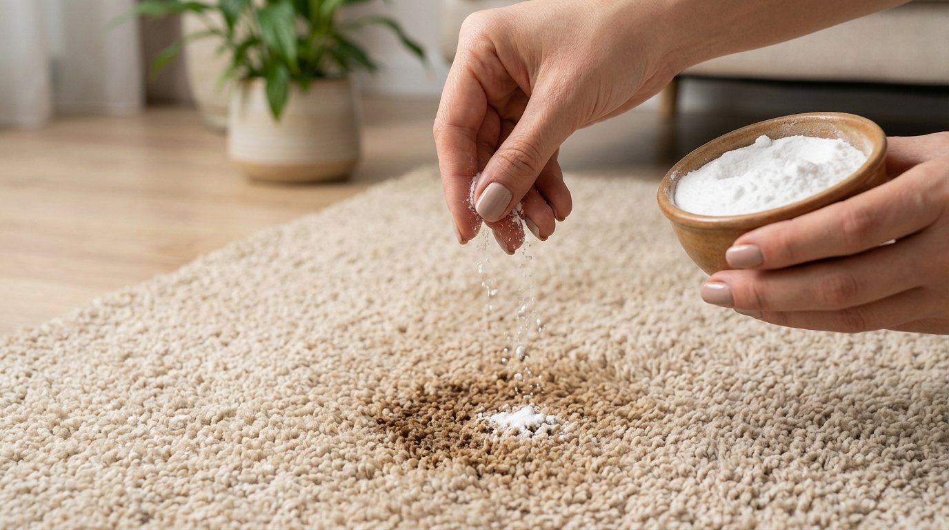 entdecken Sie wie ein einfaches Küchenpulver hartnäckige Flecken aus Ihrem Teppich entfernt und ihn wieder makellos macht ohne teure Chemikalien