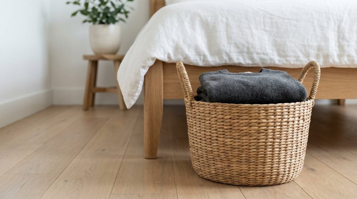 entdecken Sie die japanische Aufräummethode mit einem einfachen Korb, um Ihr Schlafzimmer ordentlich und stressfrei zu halten