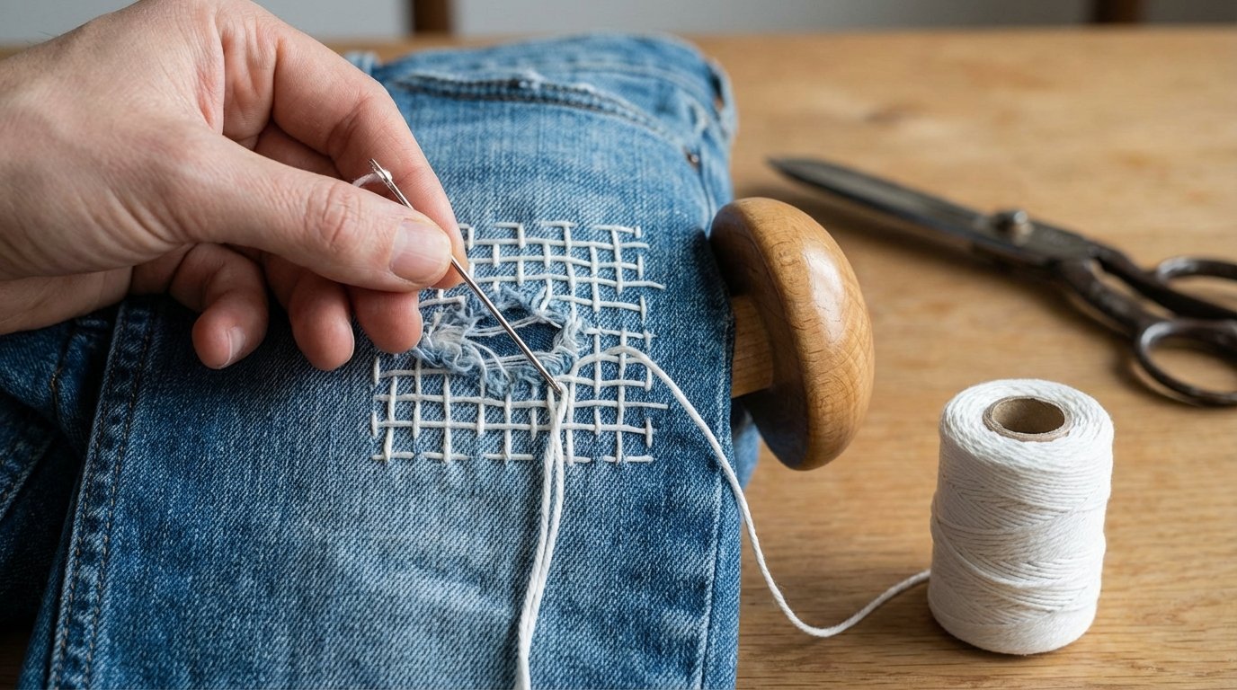 entdecken Sie die japanische Sashiko-Technik, um zerrissene Jeans nachhaltig zu reparieren und in einzigartige Kunstwerke zu verwandeln, während Sie Wasser sparen