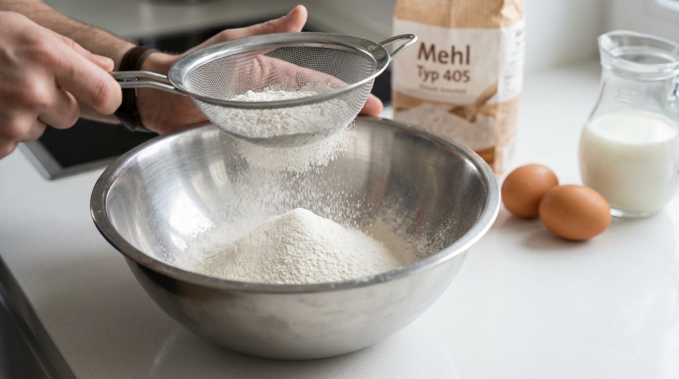 entdecken Sie die perfekte Technik für klumpenfreien Crêpe-Teig mit Sieben, Ruhezeit und der richtigen Milchtemperatur wie französische Profis