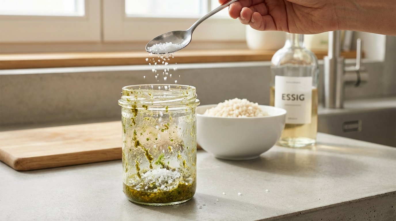 entdecken Sie den einfachsten Trick, um hartnäckiges Öl aus Gläsern zu entfernen - mit Salz aus Ihrer Küche statt aggressiver Chemikalien